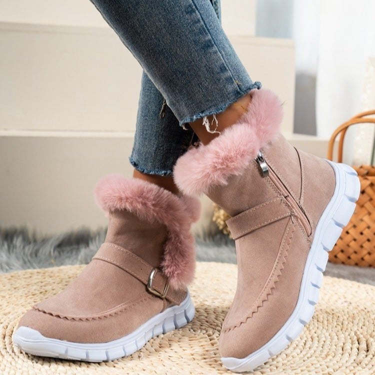 Women's Winter Ankle Boots with Round Toe, Low Heel, Plush Lining, and Side Zipper with Buckle