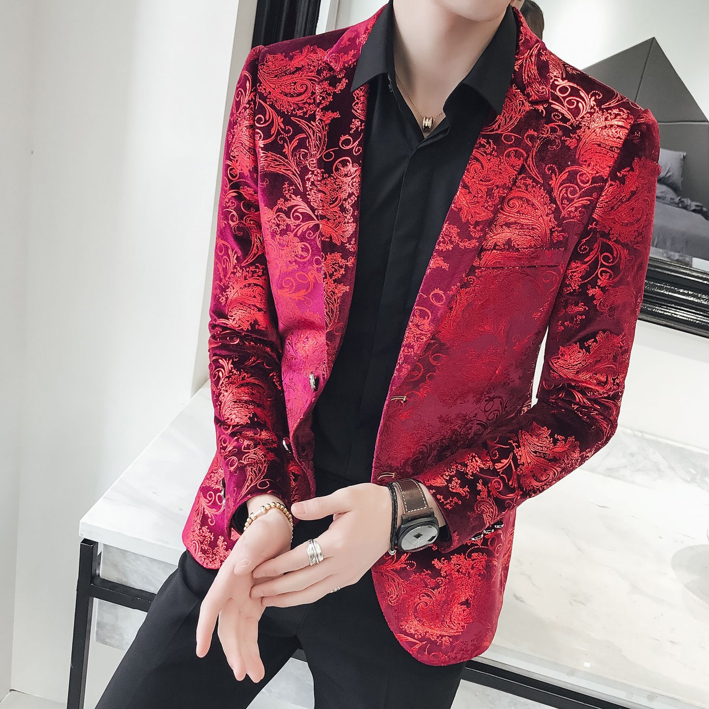Abito Casual Uomo con Stampa Floreale e Fodera in Poliestere | Ideale per Primavera e Autunno