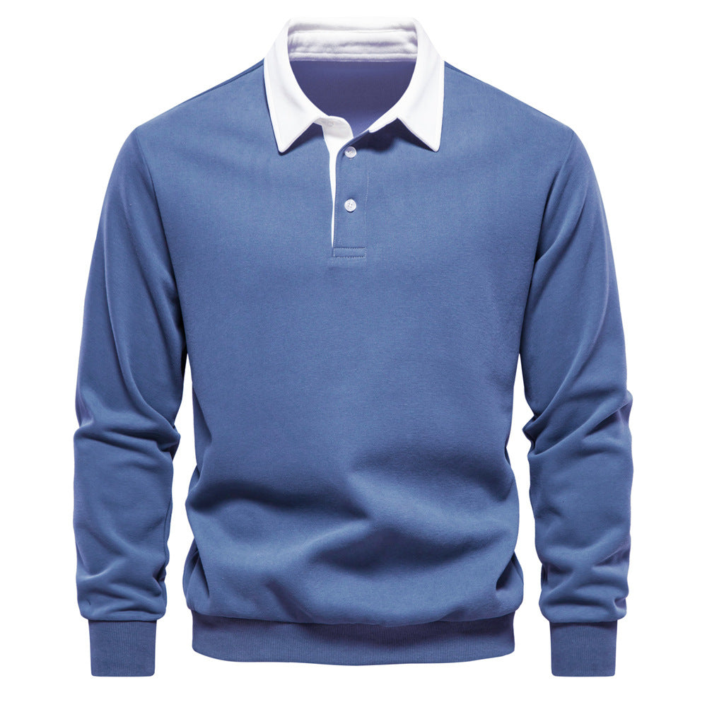 Maglione polo blu con colletto bianco, maniche lunghe, stile casual elegante. Abbigliamento uomo, moda autunno inverno, tessuto morbido.