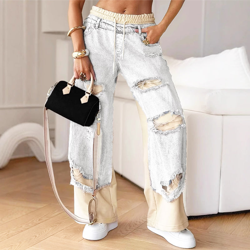 Pantaloni da Donna in Denim a Vita Alta con Dettagli Strappati e Patchwork