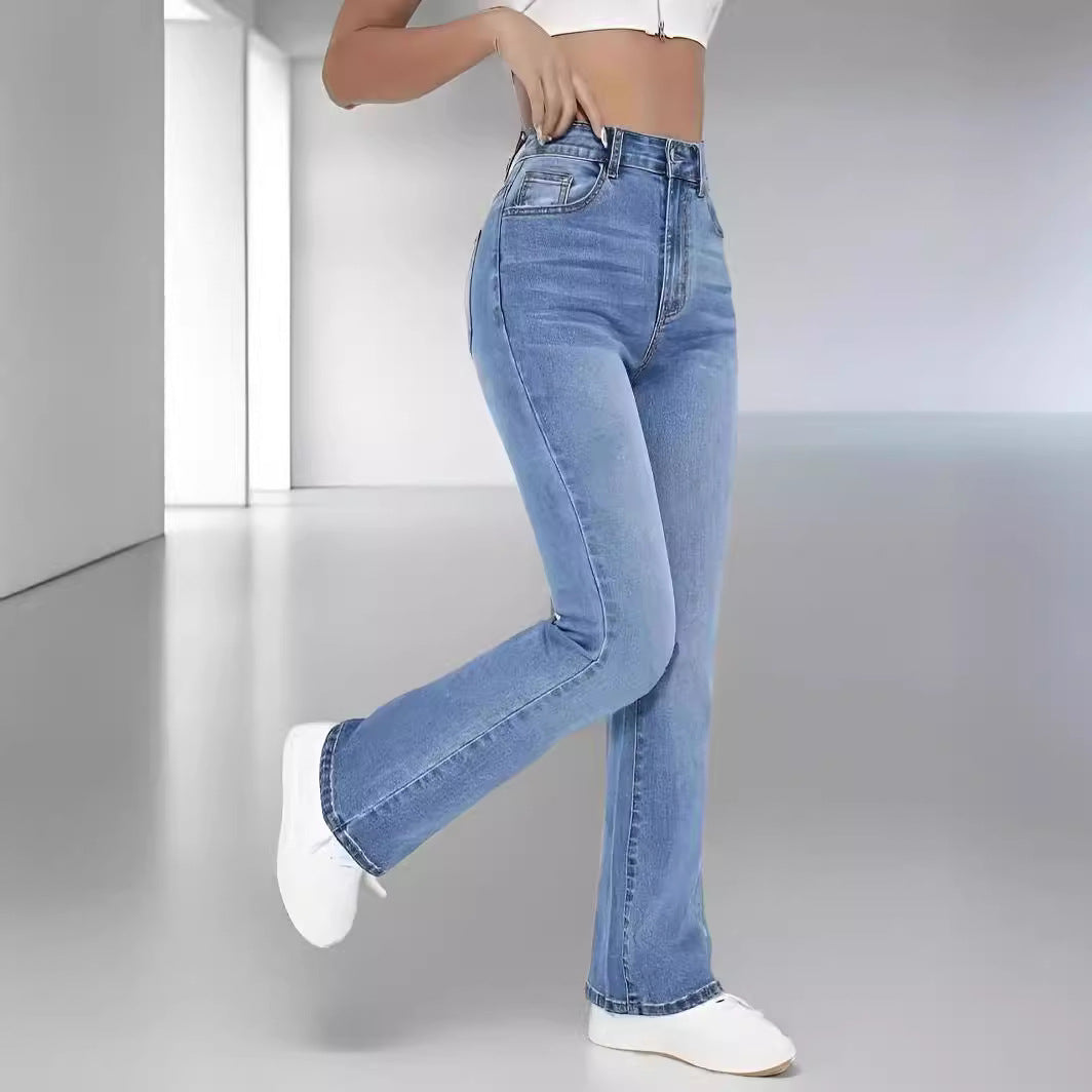 Jeans de mujer en denim elástico de talle alto, ajuste slim de pierna recta