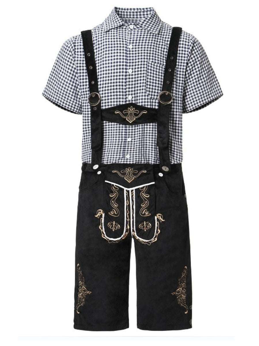 Completo Lederhosen da Uomo con Pantaloni Ricamati Bretelle e Camicia a Quadri per Festival