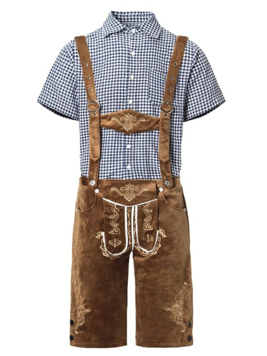 Completo Lederhosen da Uomo con Pantaloni Ricamati Bretelle e Camicia a Quadri per Festival