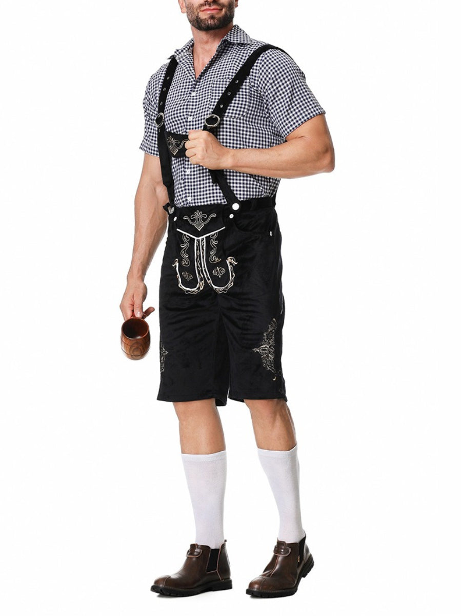 Completo Lederhosen da Uomo con Pantaloni Ricamati Bretelle e Camicia a Quadri per Festival