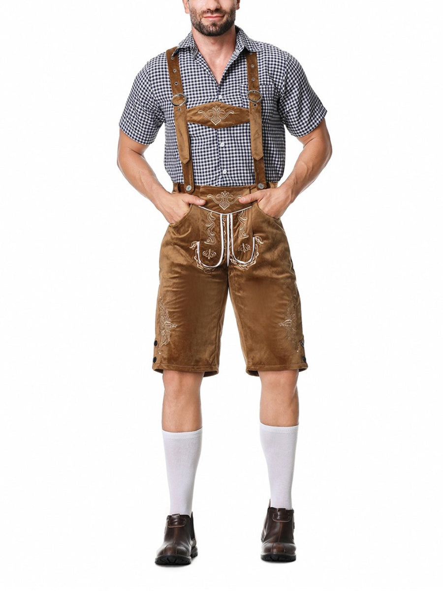 Completo Lederhosen da Uomo con Pantaloni Ricamati Bretelle e Camicia a Quadri per Festival