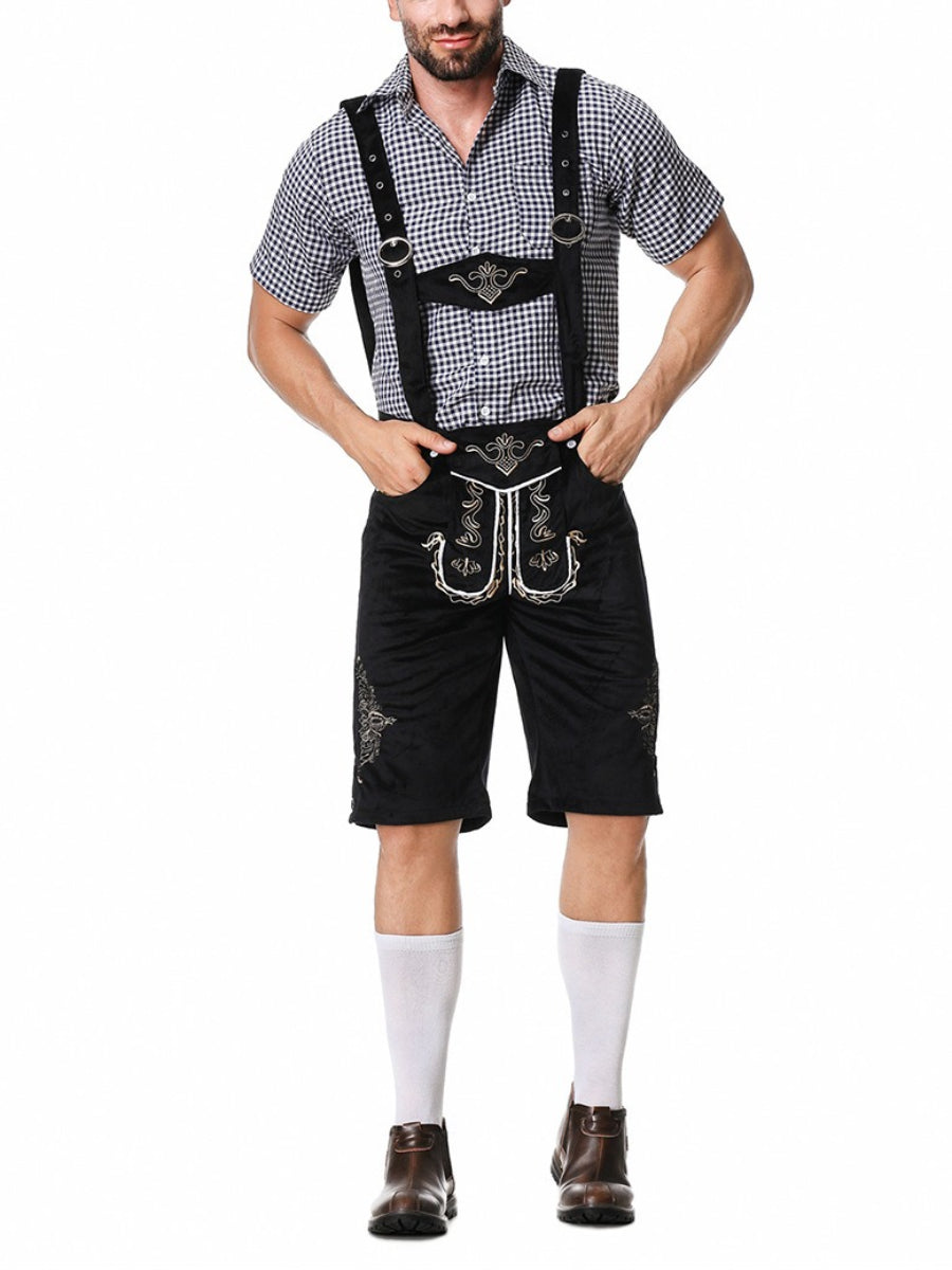 Completo Lederhosen da Uomo con Pantaloni Ricamati Bretelle e Camicia a Quadri per Festival