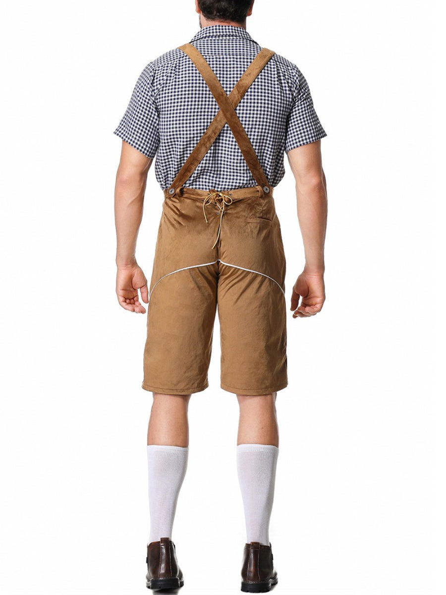 Completo Lederhosen da Uomo con Pantaloni Ricamati Bretelle e Camicia a Quadri per Festival
