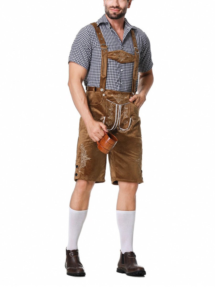 Completo Lederhosen da Uomo con Pantaloni Ricamati Bretelle e Camicia a Quadri per Festival