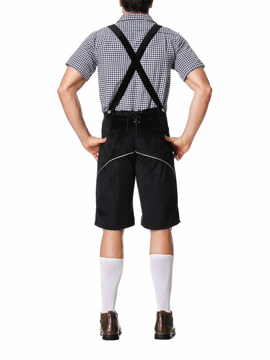 Completo Lederhosen da Uomo con Pantaloni Ricamati Bretelle e Camicia a Quadri per Festival