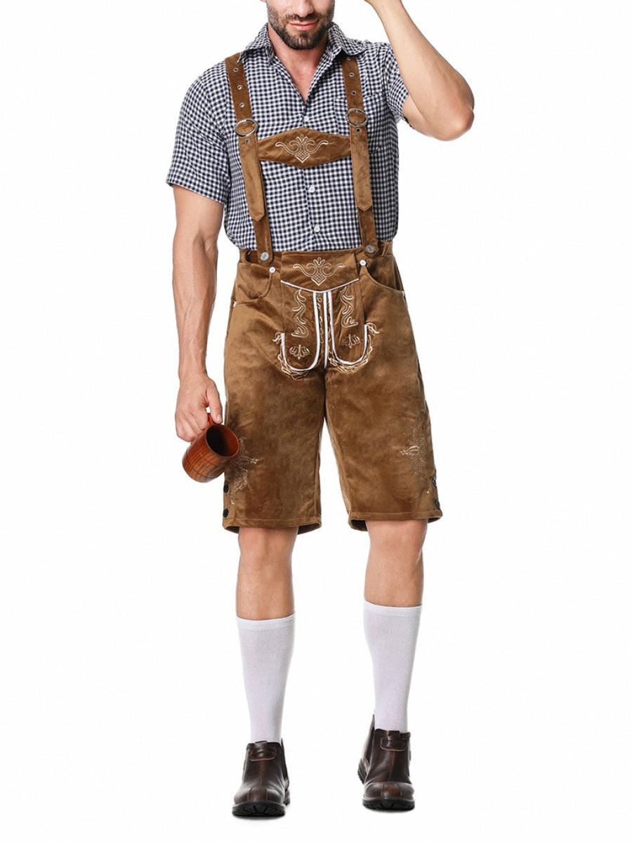 Completo Lederhosen da Uomo con Pantaloni Ricamati Bretelle e Camicia a Quadri per Festival