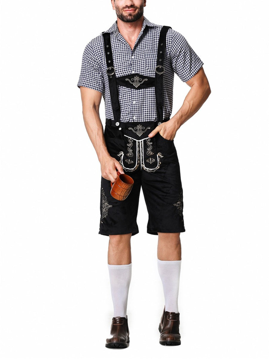 Completo Lederhosen da Uomo con Pantaloni Ricamati Bretelle e Camicia a Quadri per Festival