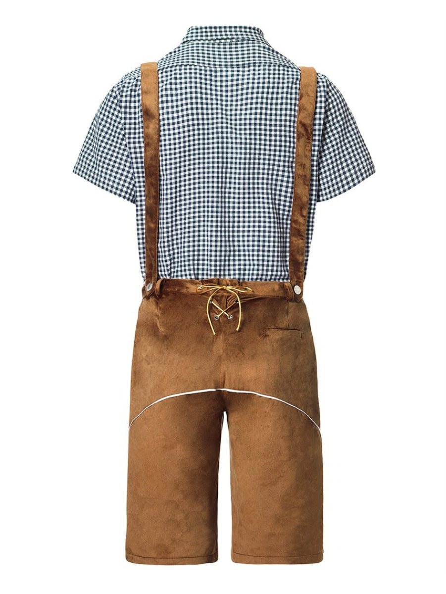 Completo Lederhosen da Uomo con Pantaloni Ricamati Bretelle e Camicia a Quadri per Festival