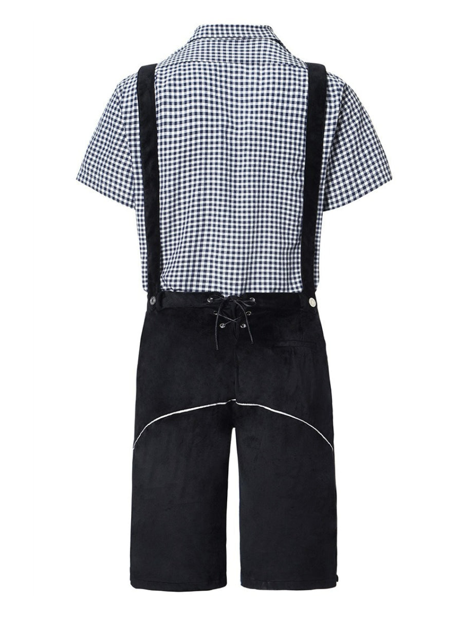 Completo Lederhosen da Uomo con Pantaloni Ricamati Bretelle e Camicia a Quadri per Festival