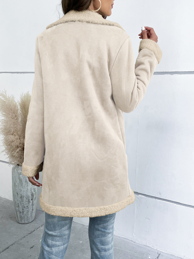 Women's Long Winter Coat with Notched Collar and Suede Effect Finish