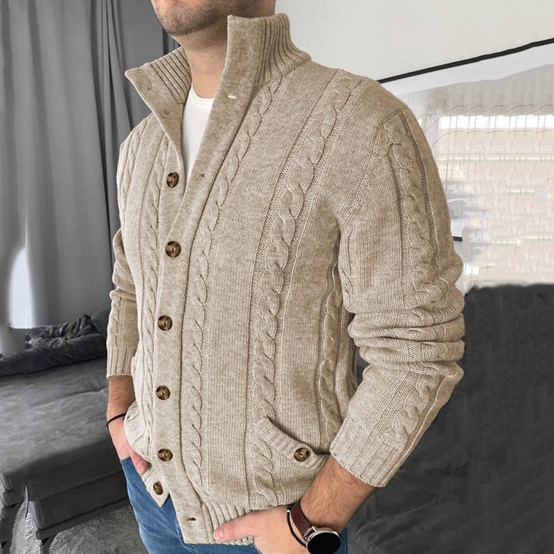 Cardigan de invierno para hombre con cuello alto y motivo trenzado