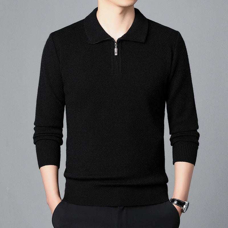 Maglione nero uomo con zip, maniche lunghe, colletto classico, stile elegante e moderno, perfetto per moda autunno-inverno.