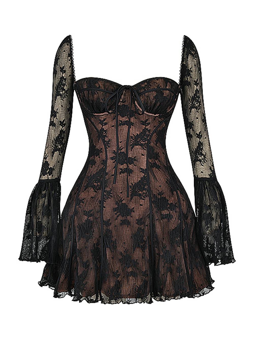 Abito corto in pizzo nero con maniche lunghe trasparenti, design aderente, scollo a cuore, ideale per serate eleganti e moda femminile.
