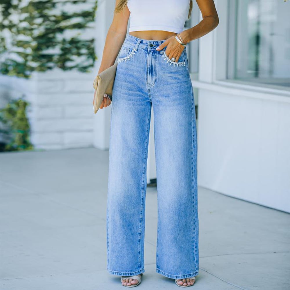Donna Pantaloni Denim Vita Media Lavaggio Sbiancato Gamba Larga Blu