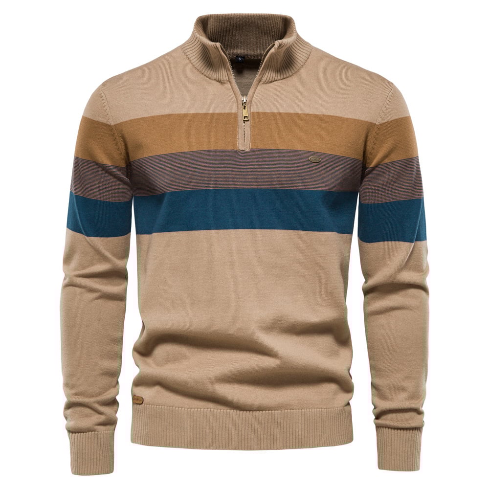 Maglione uomo beige con zip, righe orizzontali blu e marroni, stile casual, moda autunno-inverno, abbigliamento caldo e confortevole.