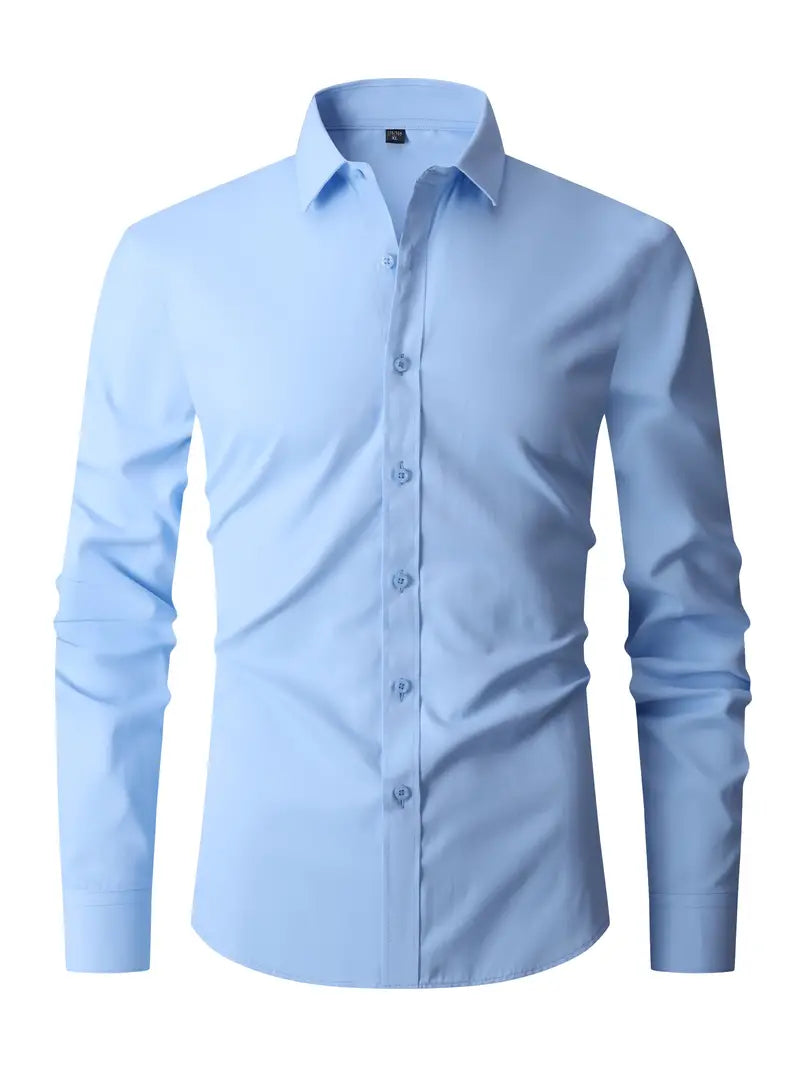 Camicia azzurra da uomo a maniche lunghe, elegante e moderna, con colletto classico e bottoni frontali. Ideale per abbigliamento formale e casual.