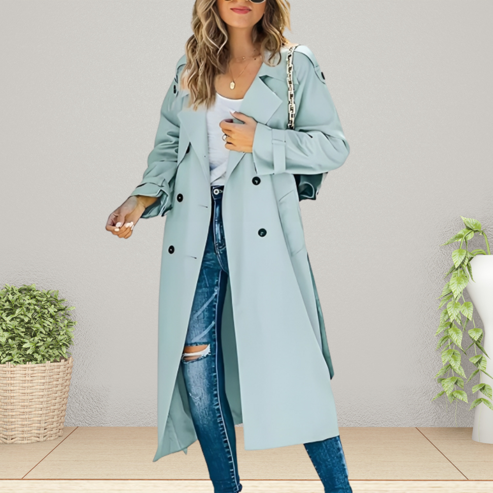 Trench Coat Primaverile da Donna Doppiopetto di Media Lunghezza