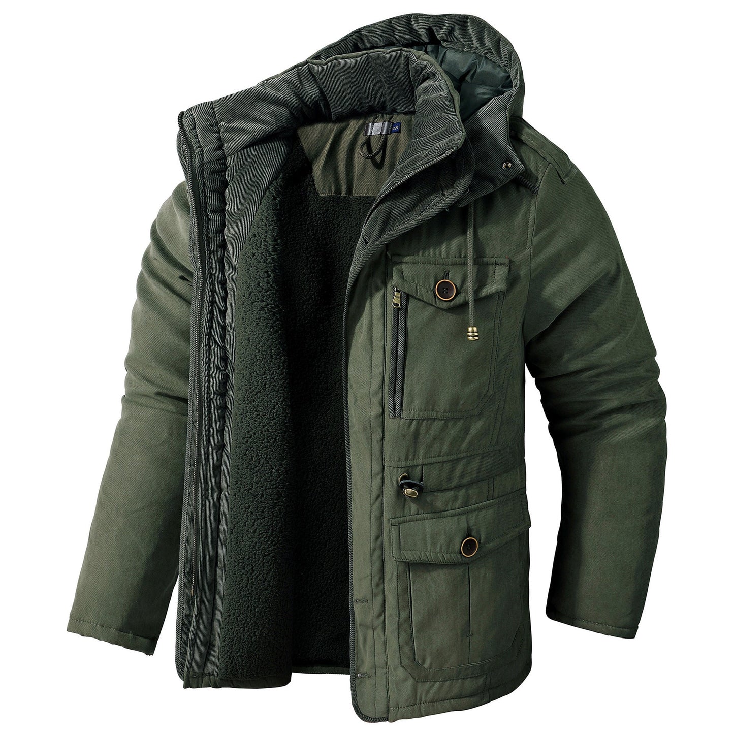 Giacca invernale verde con cappuccio, imbottitura interna in pile, tasche multiple e chiusura a zip. Ideale per climi freddi e attività all'aperto.