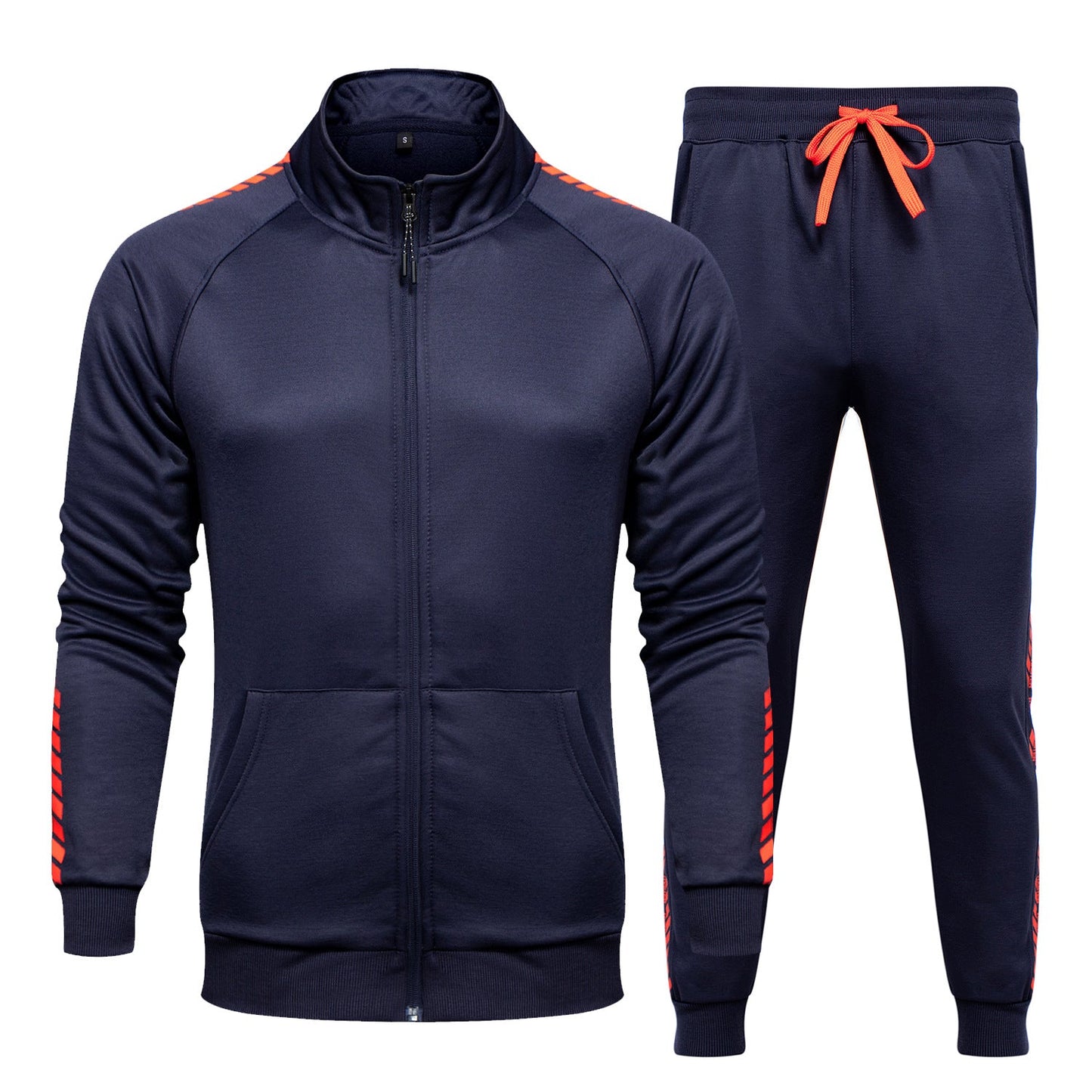 Tuta sportiva blu scuro con dettagli arancioni, giacca con zip e pantaloni con coulisse. Abbigliamento atletico moderno e confortevole.