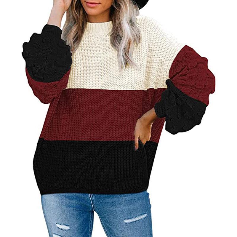 Women's Soft Knit Pullover Sweater with Round Neck and Puff Sleeves