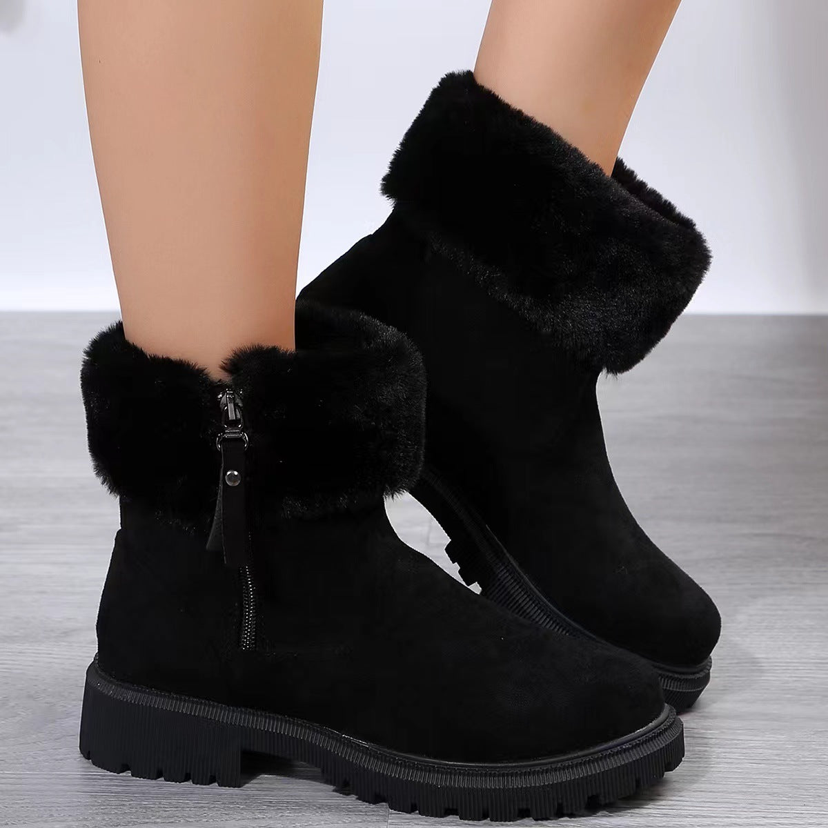 Botas de invierno para mujer de peluche con cremallera lateral y tacón bajo grueso