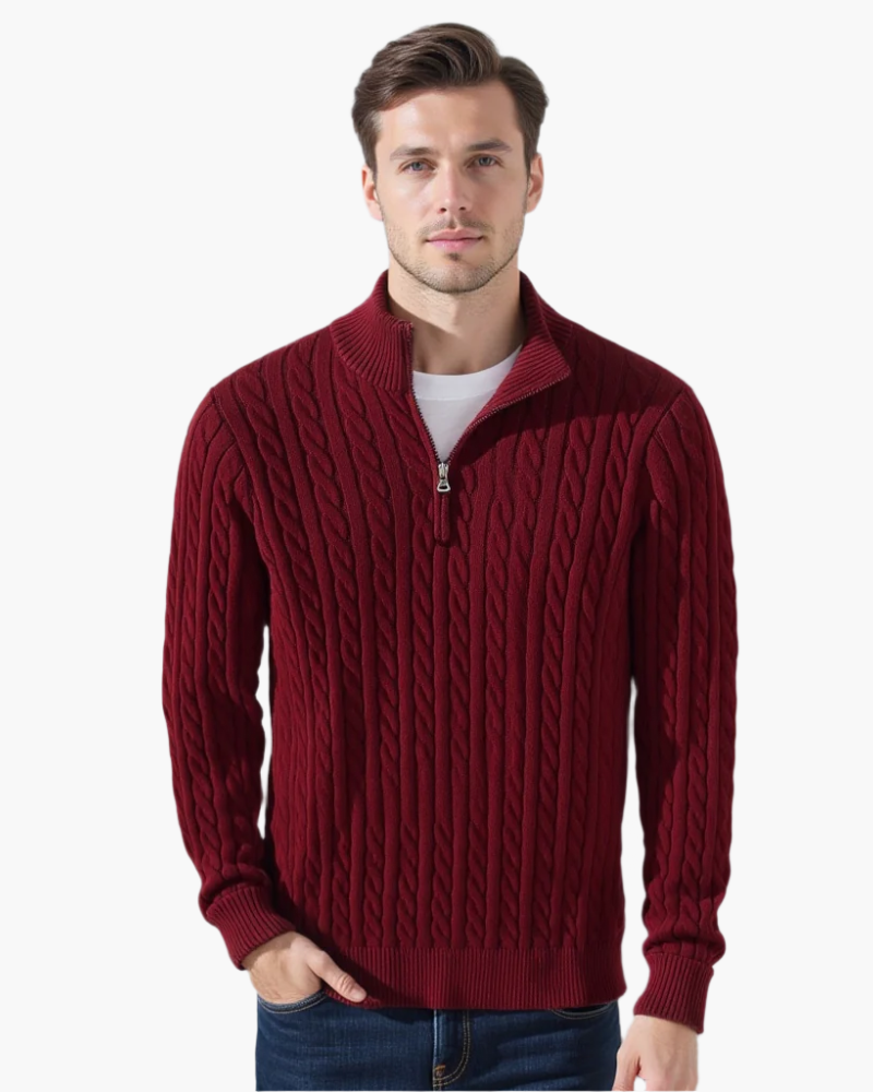 Maglione da Uomo con Lavorazione a Treccia e Mezza Zip a Collo Alto