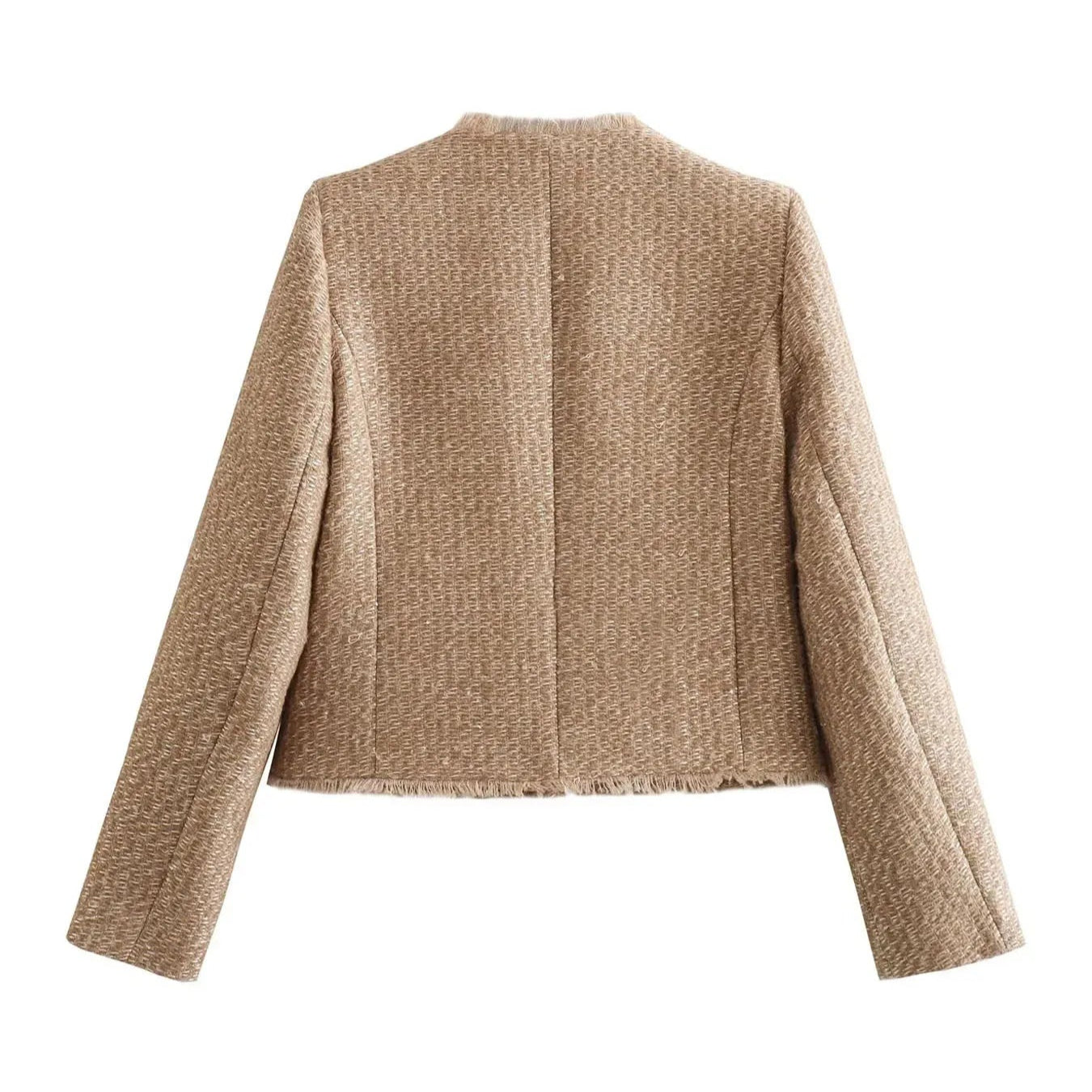 Giacca donna beige in lana, taglio classico, vista posteriore. Elegante e versatile, ideale per look autunnali e invernali.