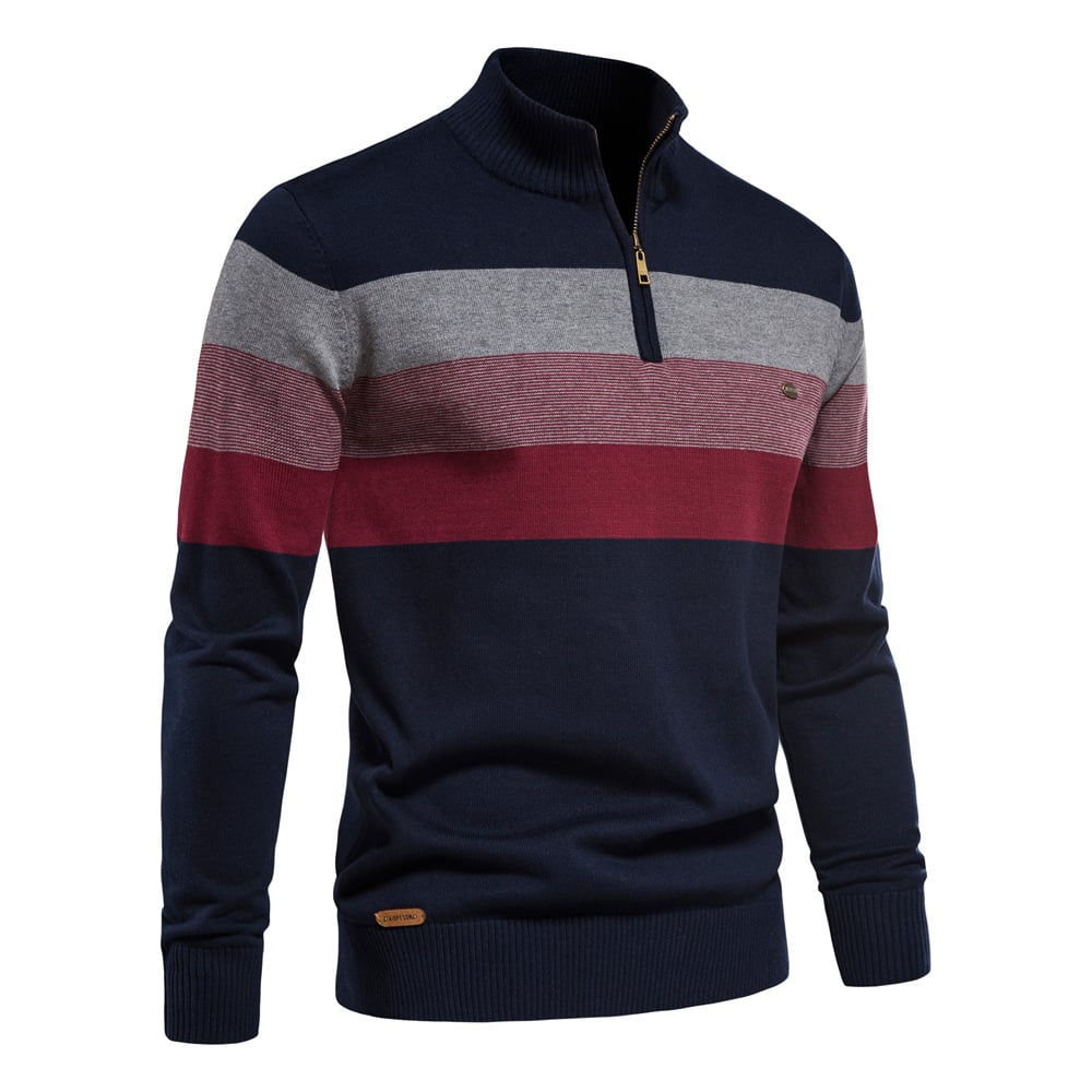 Maglione uomo a righe blu, grigie e rosse con zip, collo alto, in lana, stile casual elegante, ideale per autunno e inverno.