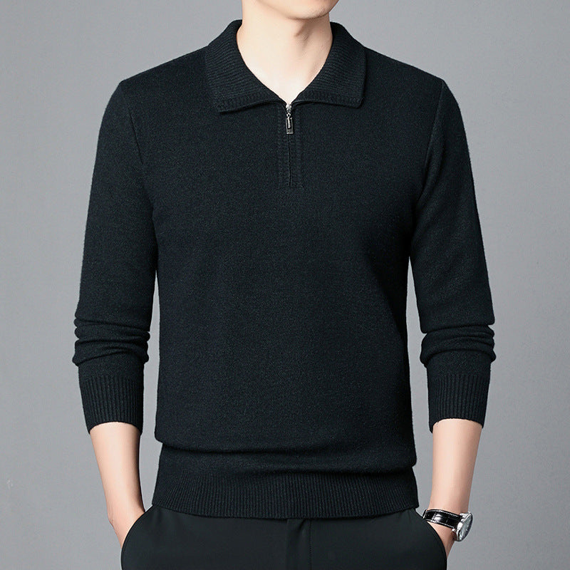 Maglione uomo nero con zip, maniche lunghe, colletto classico. Elegante e moderno, ideale per moda autunnale e invernale.