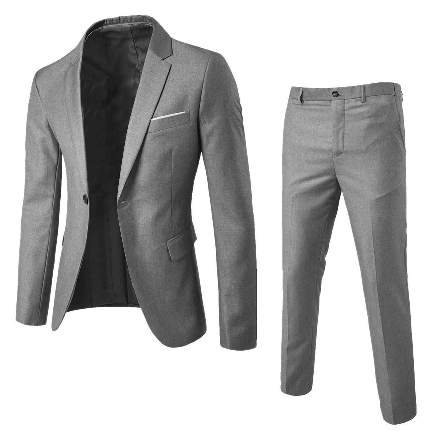 Completo elegante da uomo grigio, giacca monopetto e pantaloni abbinati, ideale per cerimonie e ufficio. Tessuto di alta qualità, taglio moderno.