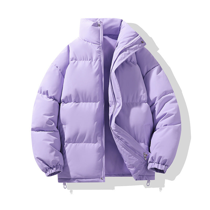Giacca invernale imbottita viola chiaro, design trapuntato, chiusura con zip, colletto alto, ideale per moda donna, abbigliamento caldo e casual.