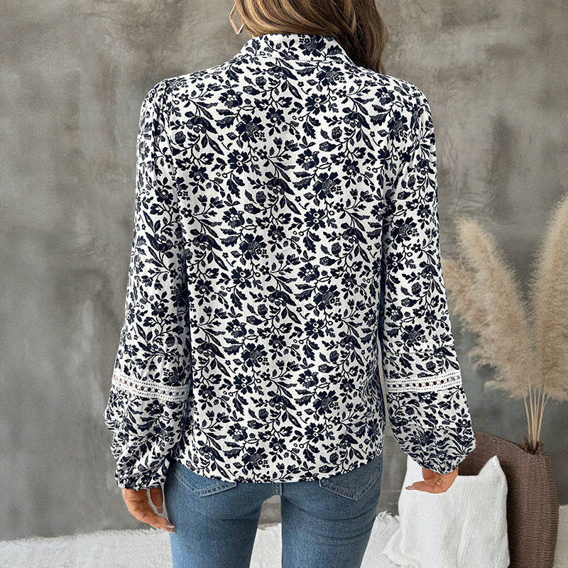 Camisa de mujer tipo pulóver con escote en V, estampado floral y mangas farol