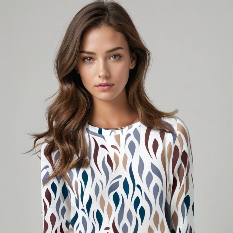 Giovane donna con capelli castani ondulati, indossa abito a fantasia astratta multicolore su sfondo grigio. Moda femminile, stile elegante.