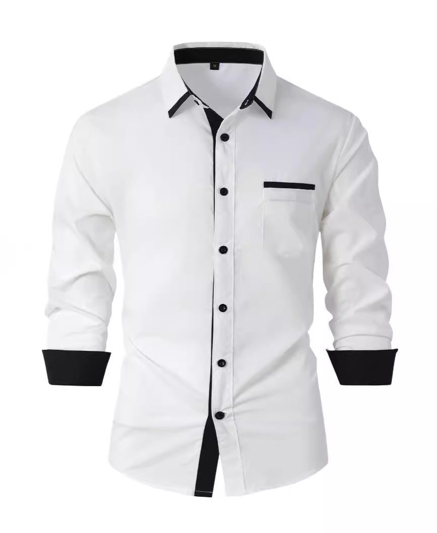 Camicia bianca da uomo con dettagli neri, maniche lunghe, colletto classico e taschino. Elegante e moderna, ideale per abbigliamento formale.