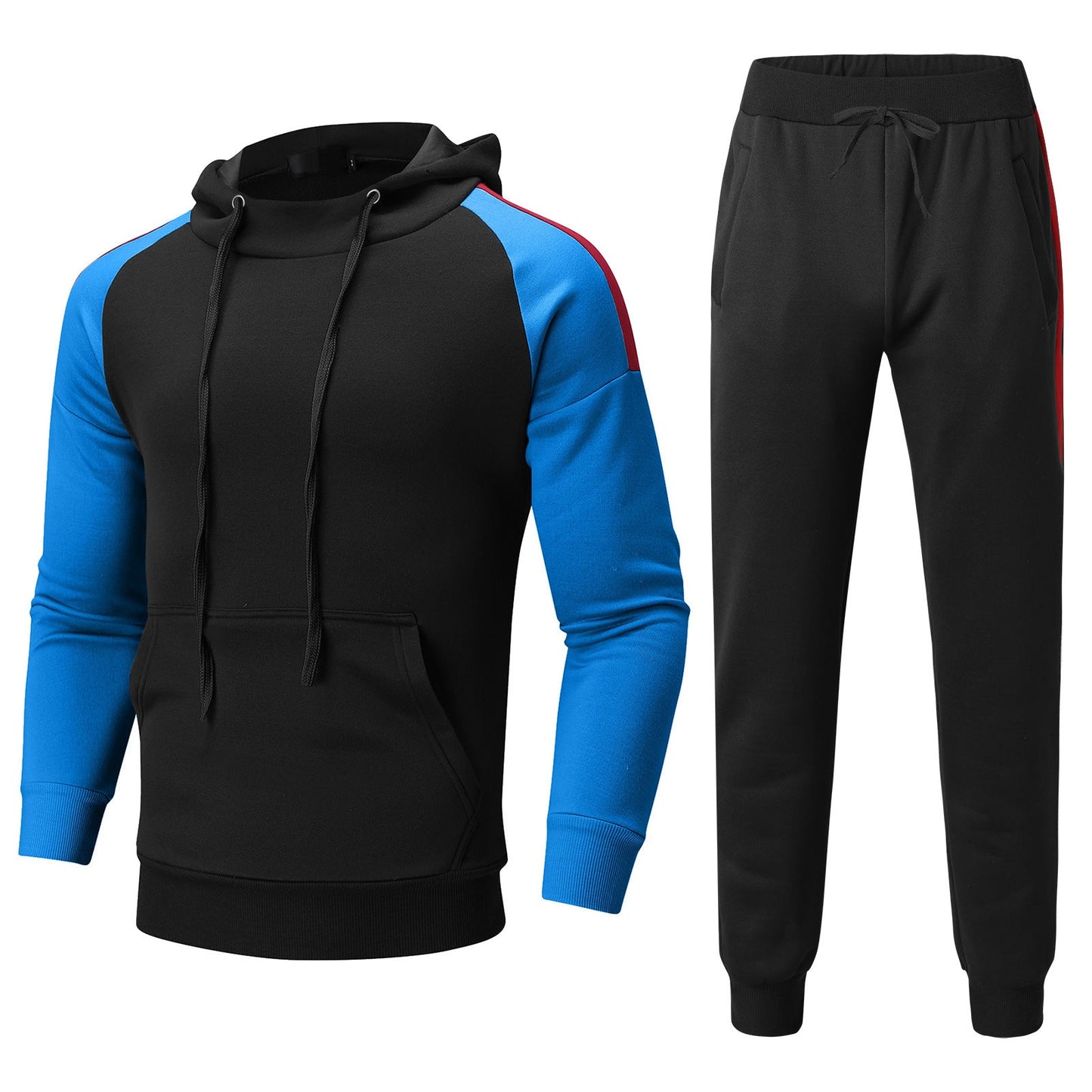 Tuta sportiva uomo, felpa nera con cappuccio e maniche blu, pantaloni neri con coulisse. Abbigliamento casual, moda sportiva.