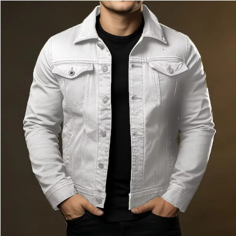 Men's Solid Color Denim Jacket with Long Sleeves