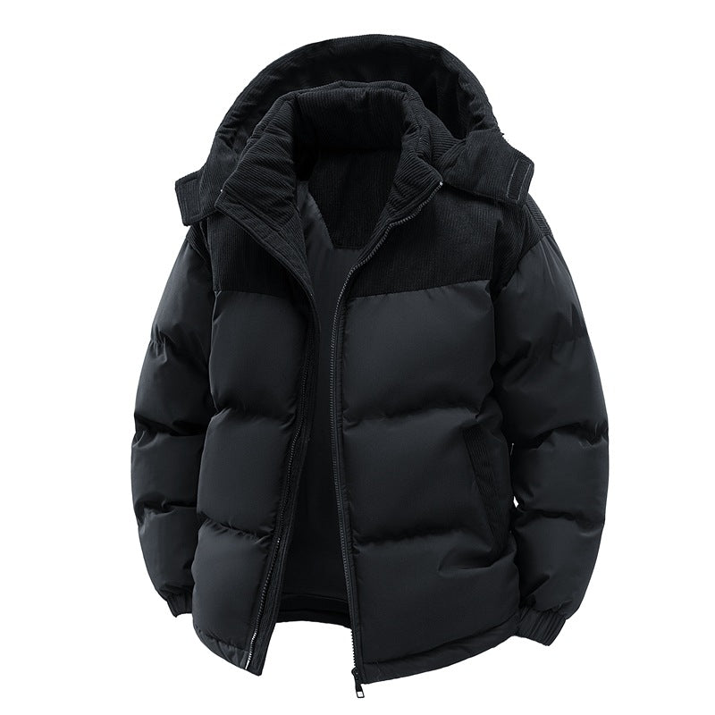 Giacca invernale nera imbottita con cappuccio, design moderno, ideale per il freddo. Perfetta per moda uomo, abbigliamento outdoor, stile casual.