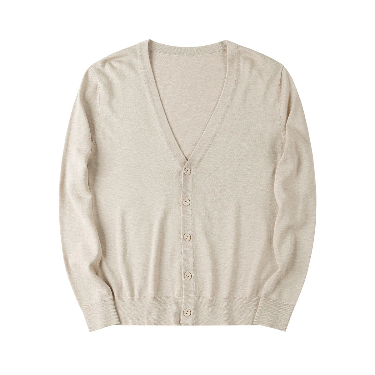 Cardigan beige in cashmere, design classico con scollo a V e bottoni, ideale per moda autunnale e invernale, abbigliamento elegante e casual.