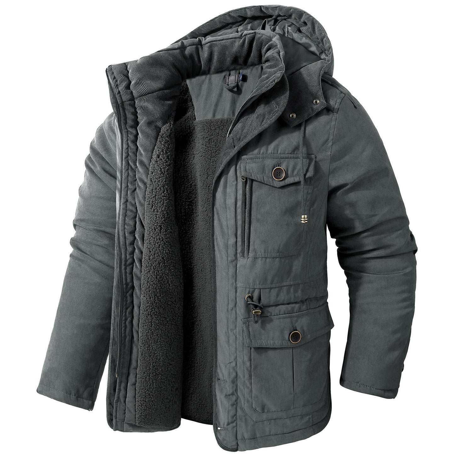 Giacca invernale uomo grigia con cappuccio, imbottitura in pile, tasche multiple e chiusura zip. Ideale per freddo, moda outdoor, abbigliamento casual.