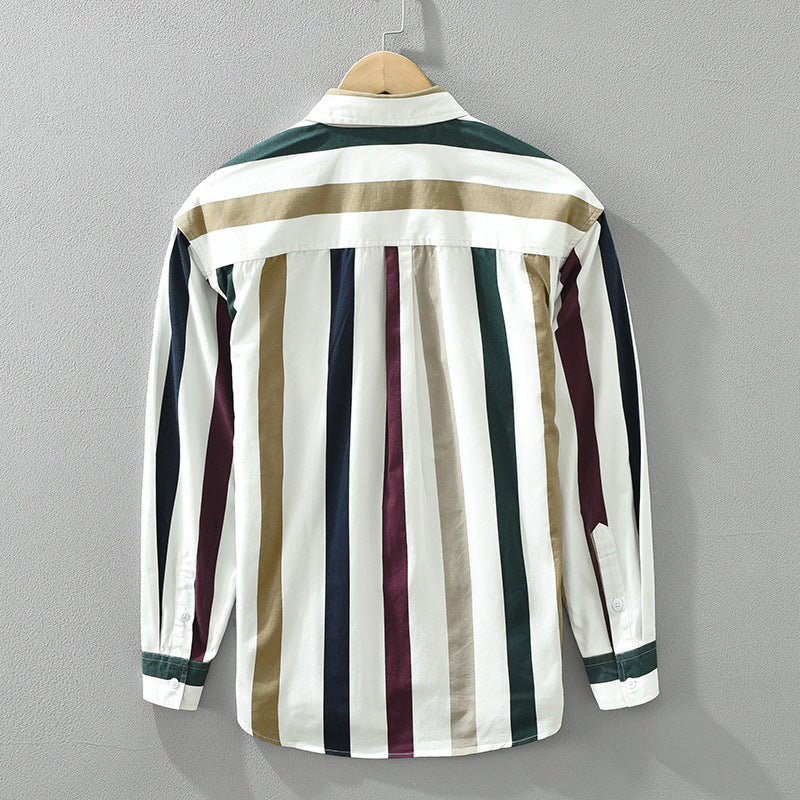 Men's Long Sleeve Striped Loose Fit Shirt with Square Collar