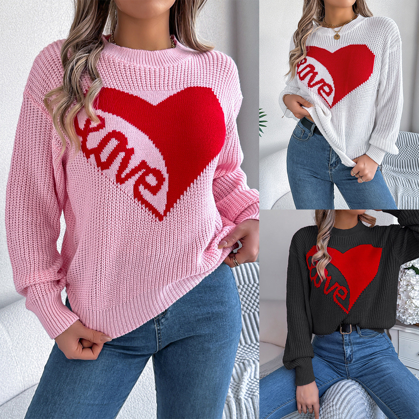 Maglione Donna in Maglia Acrilica con Stampa Cuori, Vestibilità Comoda e Maniche Lunghe