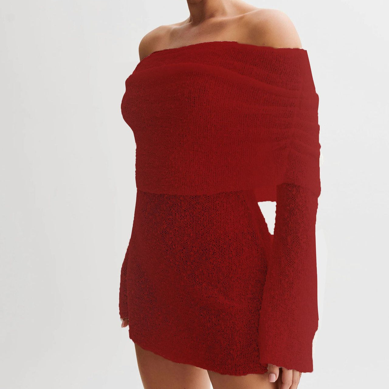 Abito rosso a spalle scoperte, maniche lunghe, tessuto lavorato a maglia. Elegante e moderno, perfetto per serate e occasioni speciali.