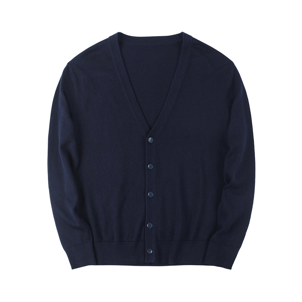 Cardigan blu scuro in lana, con scollo a V e chiusura a bottoni. Elegante e versatile, ideale per look casual e formali. Maglione uomo/donna.