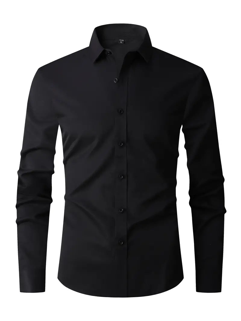 Camicia nera elegante da uomo a maniche lunghe, colletto classico, bottoni frontali. Moda maschile, abbigliamento formale, stile moderno.