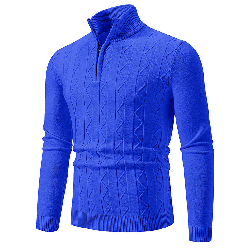 Maglione blu da uomo con zip, lavorazione a trecce, maniche lunghe, collo alto. Elegante e caldo, ideale per moda invernale e autunnale.