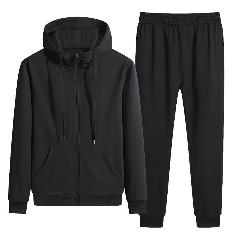 Tuta sportiva nera da uomo, composta da felpa con cappuccio e pantaloni, abbigliamento casual, moda fitness, comoda e versatile.